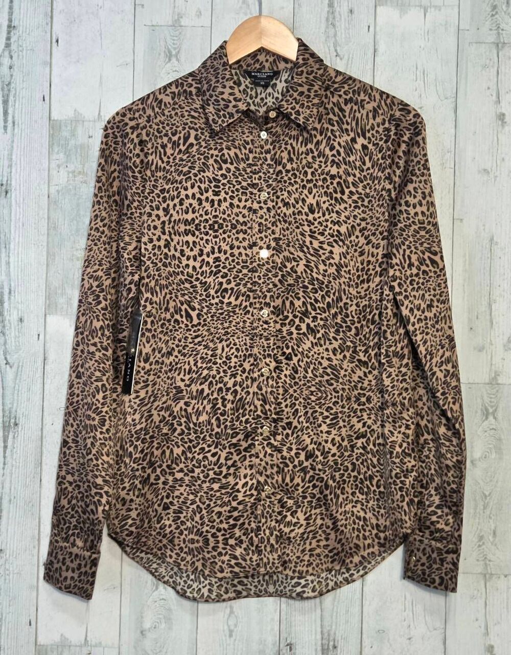 Guess Marciano Leopard Animal Print Mob Wife Button Down Blouse Sz. XS